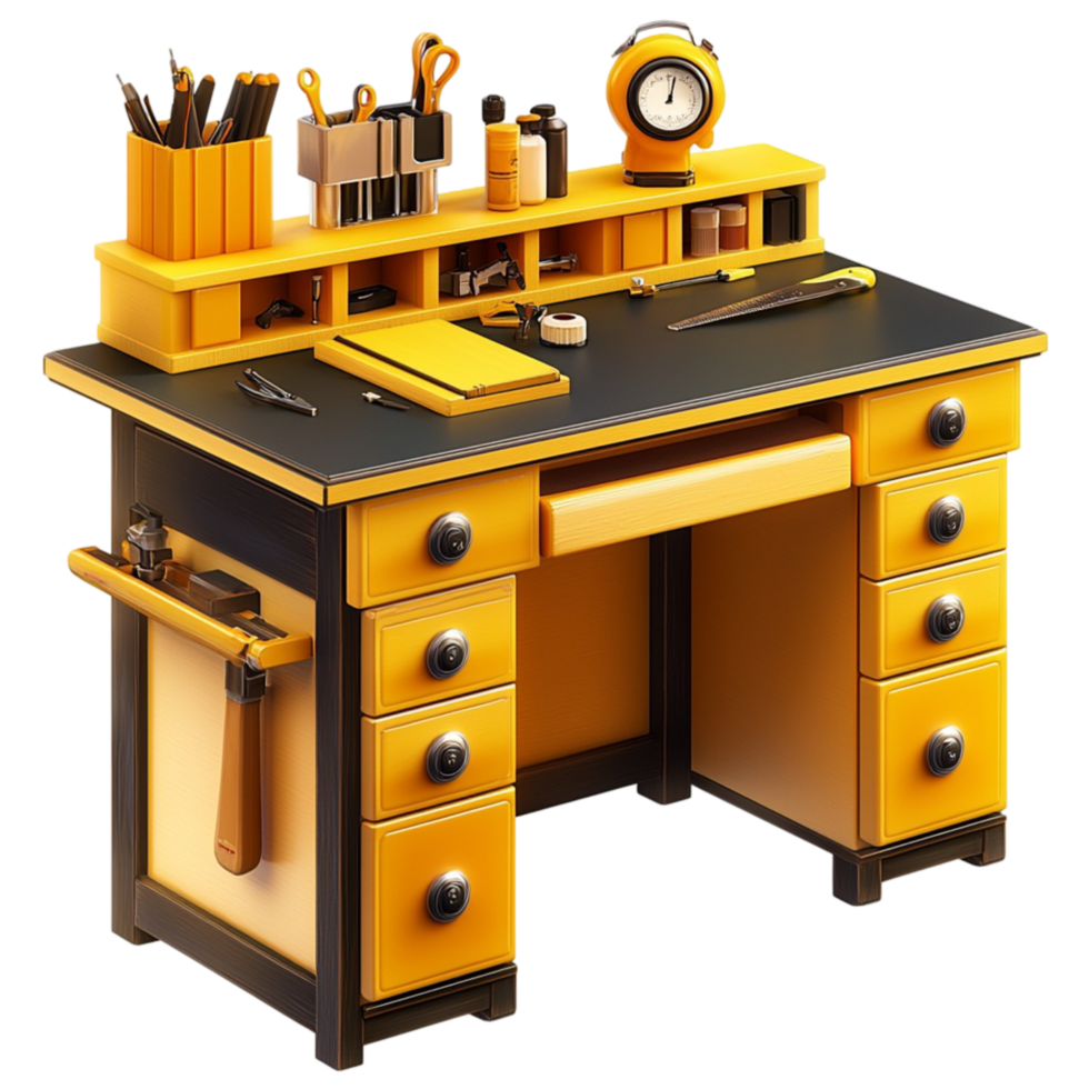 wooden office desk with multiple drawers and tools png