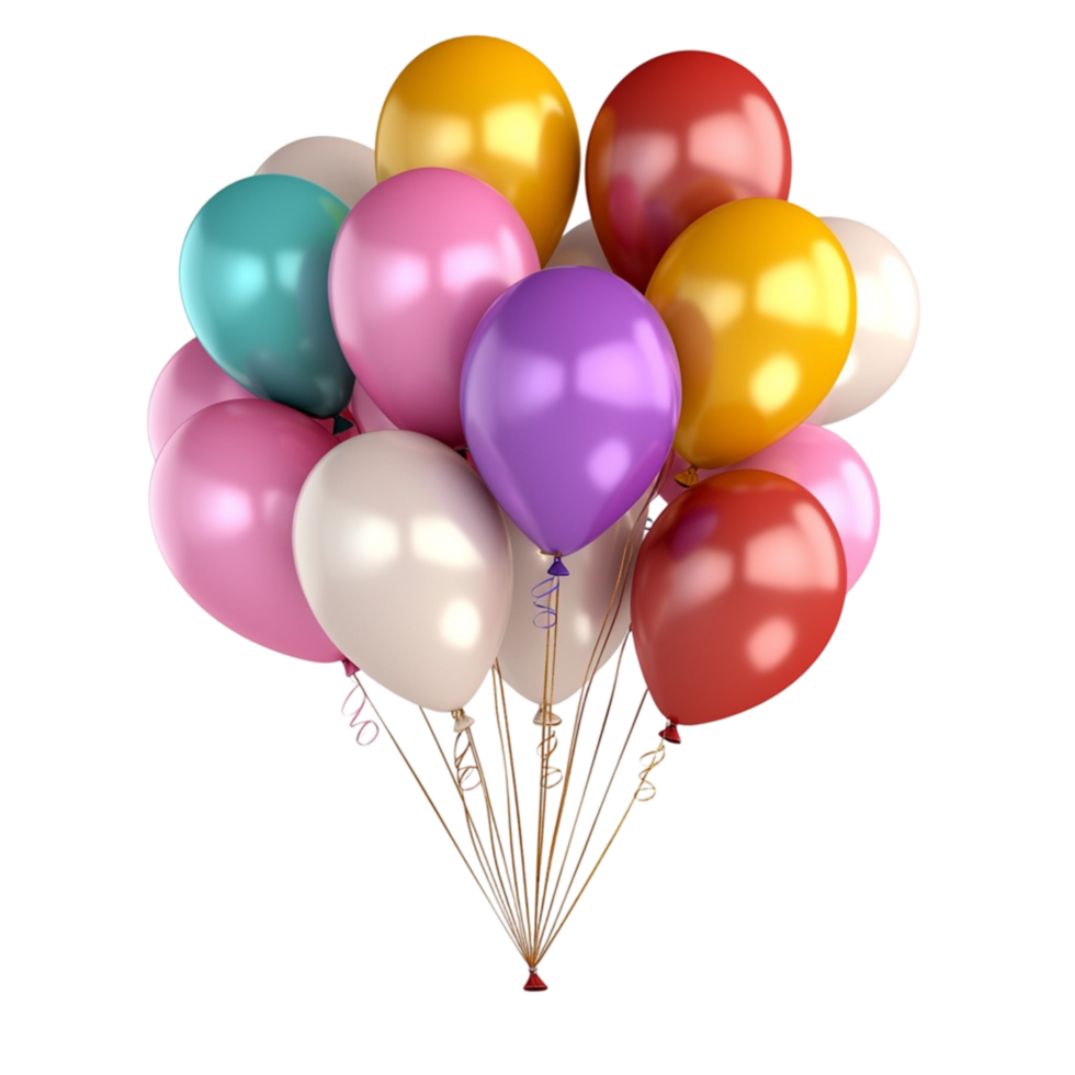 Colorful helium balloons in shades of red yellow purple and pink floating png