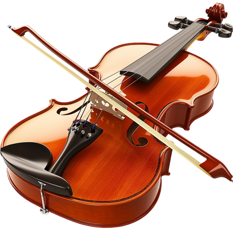 Wooden violin with a design and a perfectly positioned bow png