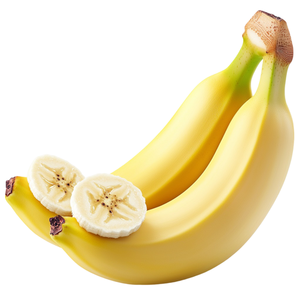 Ripe yellow bananas with one partially peeled to reveal fruit png