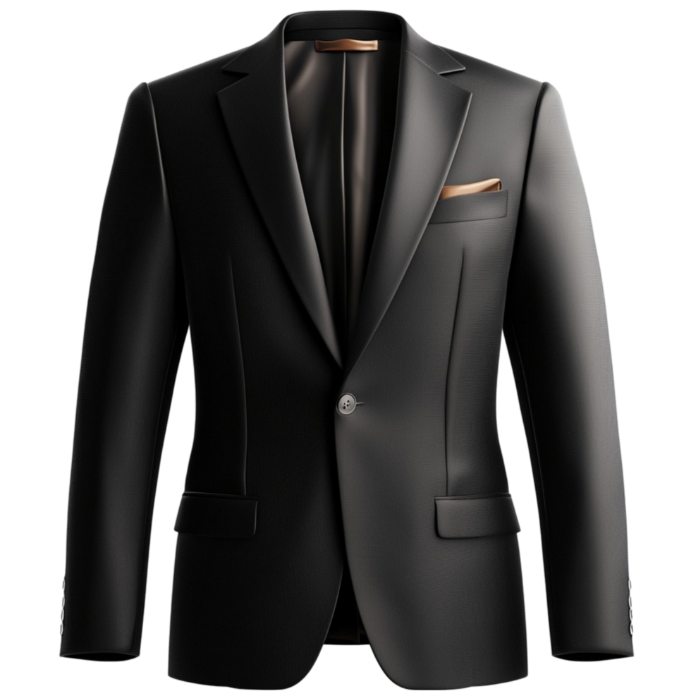 Black tuxedo suit with a sleek design and a neatly folded pocket square png