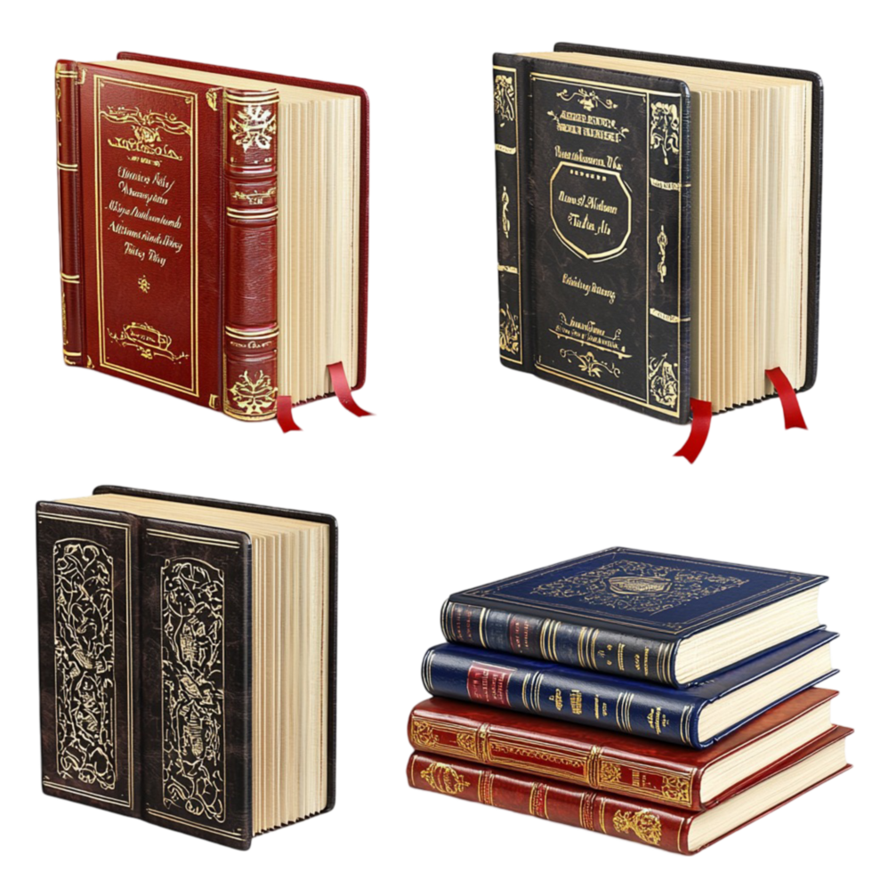 Stack of bound books with intricate gold detailing and bookmarks png
