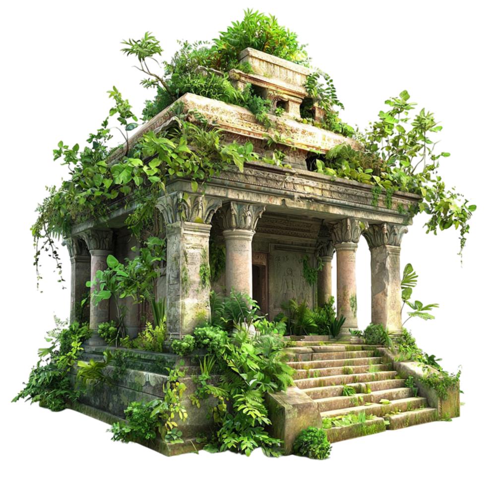 Ancient temple ruins covered in lush green vines and mossy stone png