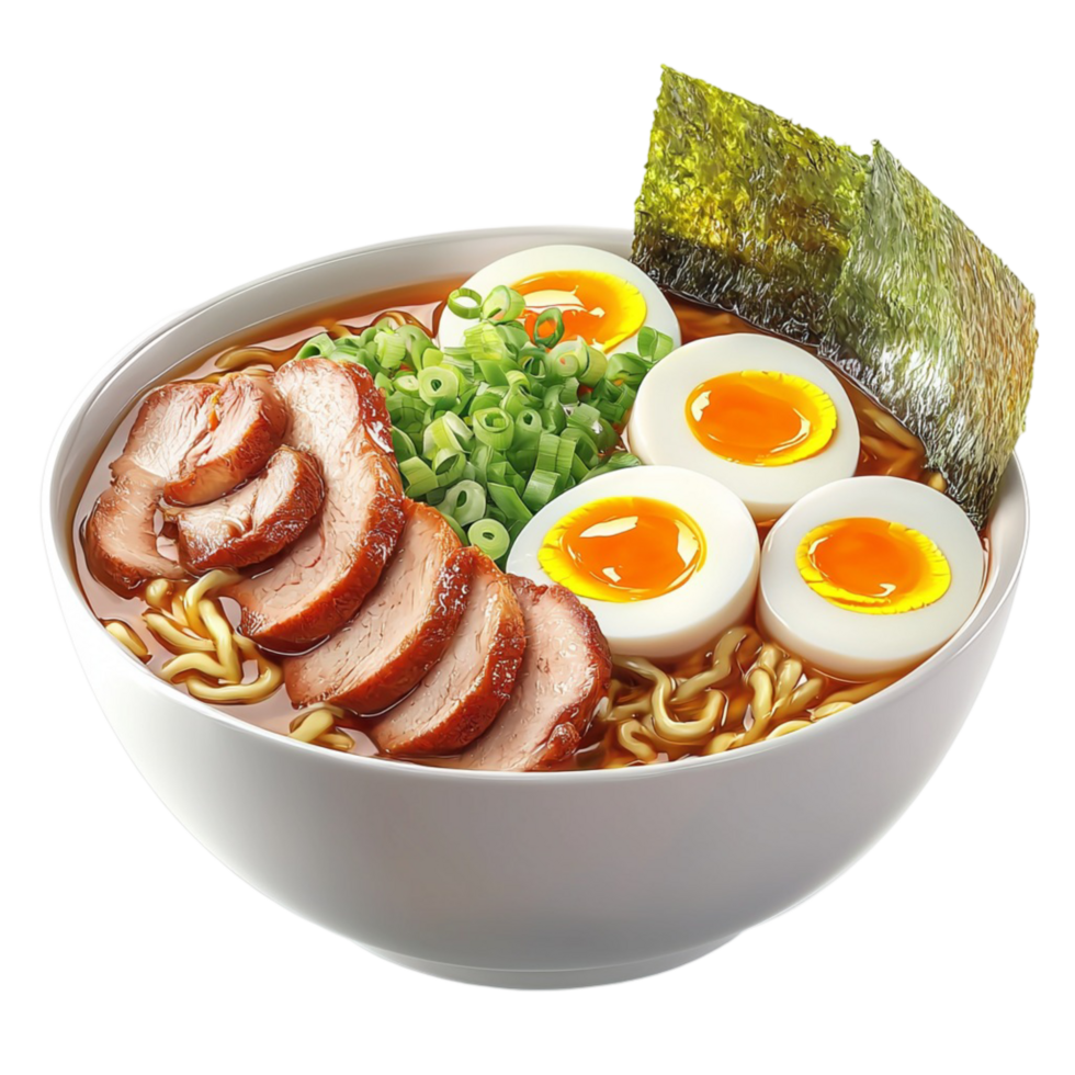 Bowl of ramen with sliced pork boiled eggs and green onions png