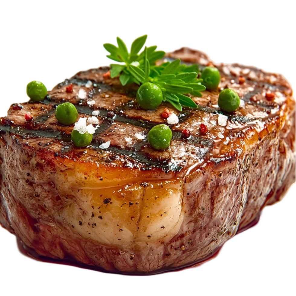 Juicy grilled steak topped with green peppercorns and parsley garnish png