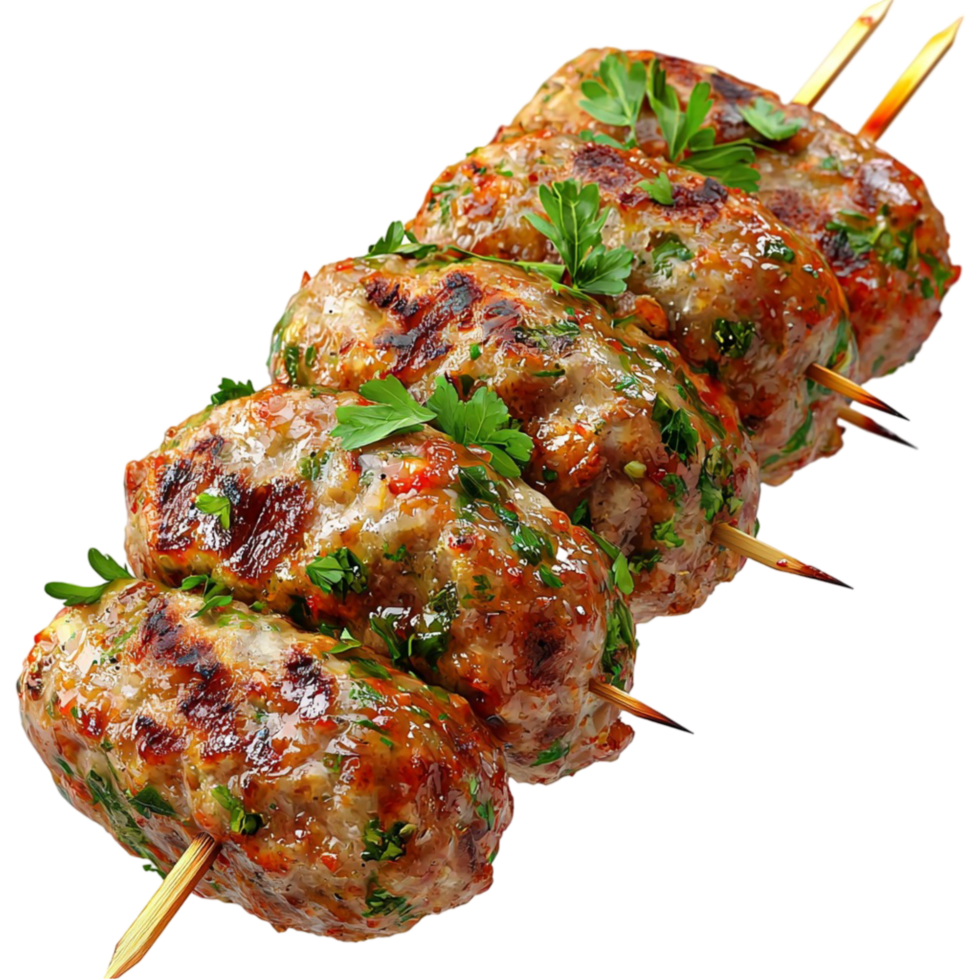 Skewered meatballs grilled to perfection with herbs sprinkled on top png
