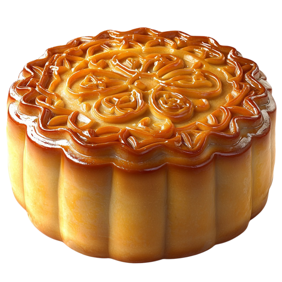 Traditional mooncake with an intricate golden brown crust and floral pattern png