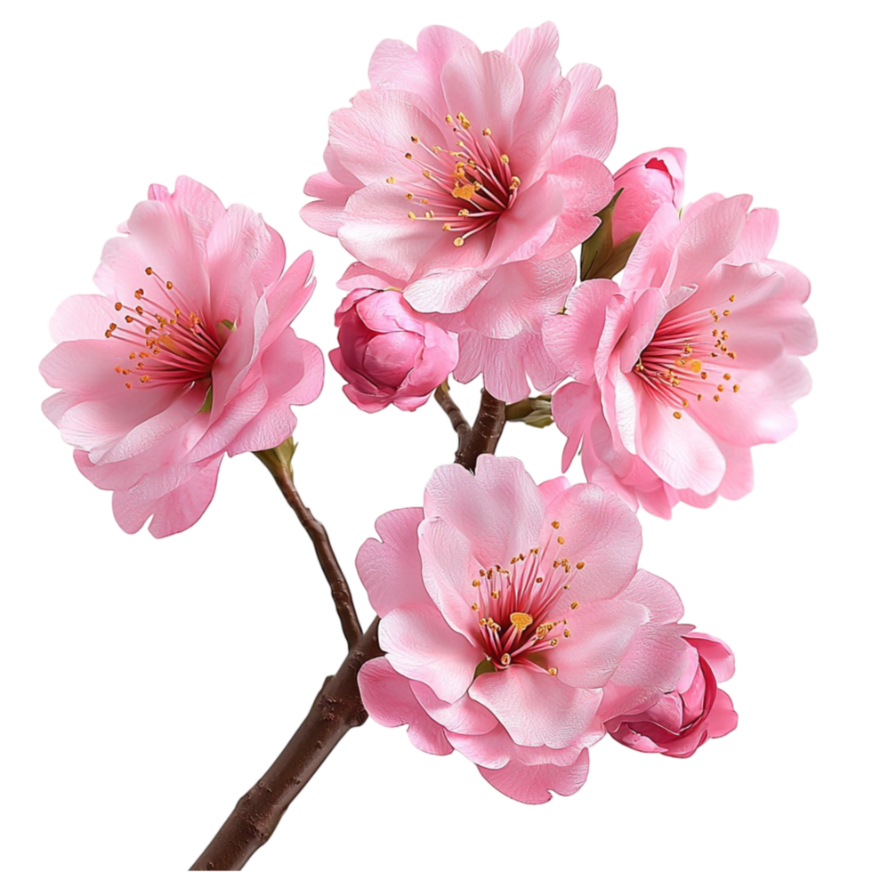 Delicate pink cherry blossoms blooming on a thin brown branch png