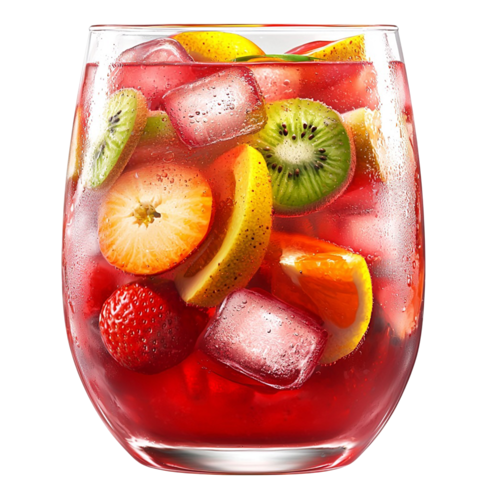 Glass of fruit punch with sliced oranges strawberries and kiwi floating inside png