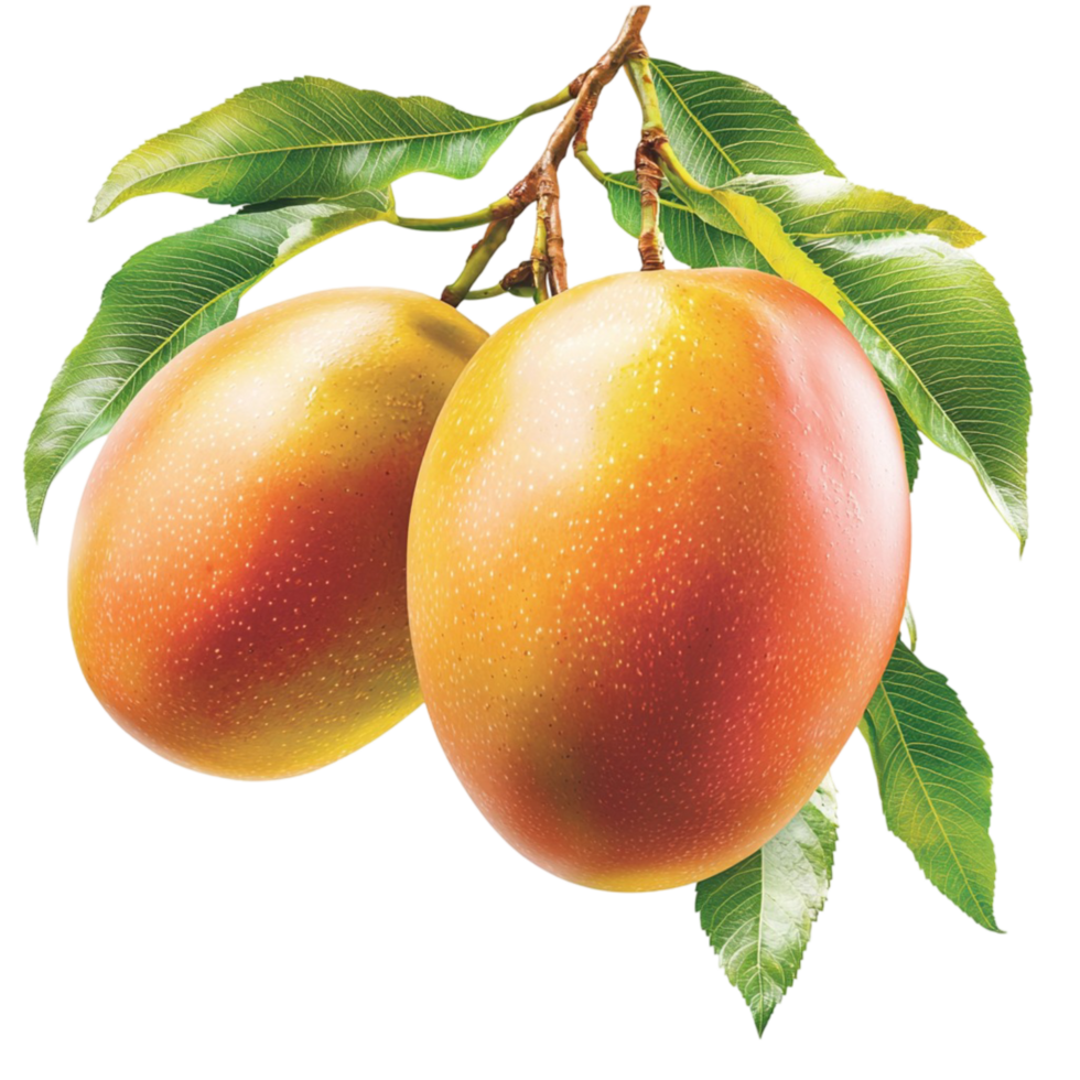 Ripe mangoes hanging from a tree branch with vibrant green leaves png