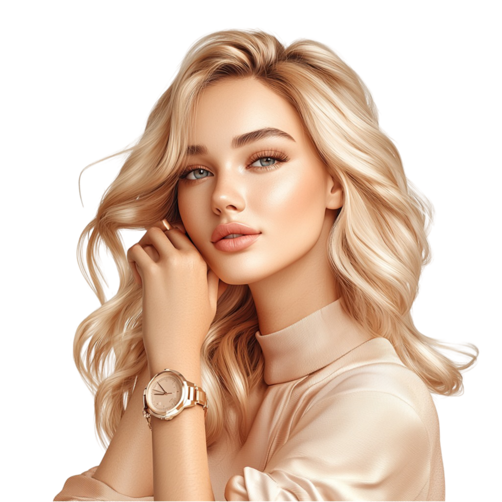 blonde woman with wavy hair wearing a watch and makeup png