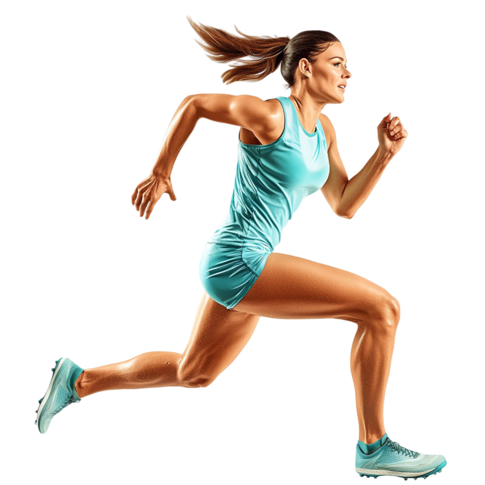 Athletic woman in a blue outfit running with speed and determination png