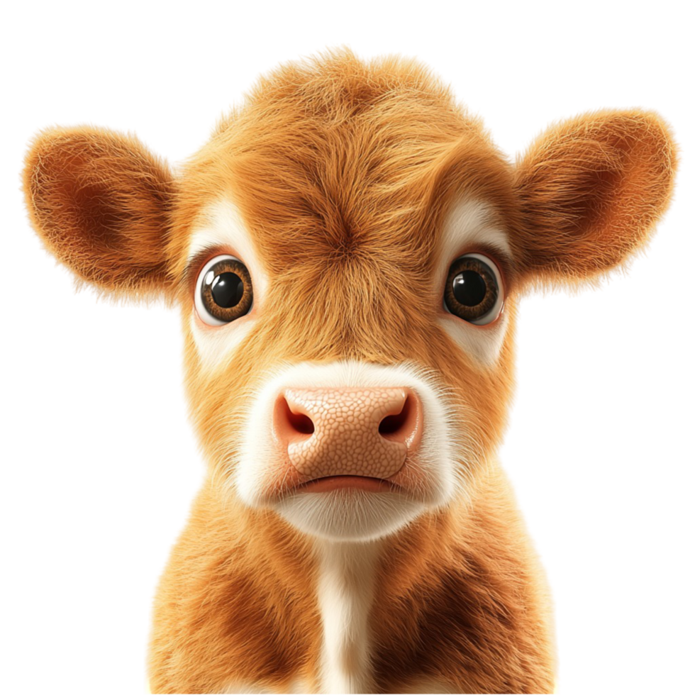 Cute baby cow with big expressive eyes and fur png
