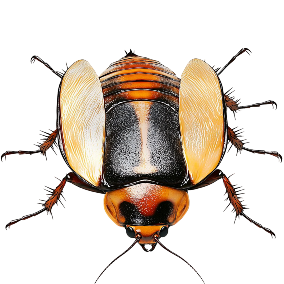 Large detailed cockroach with glossy wings and thin spiky legs png