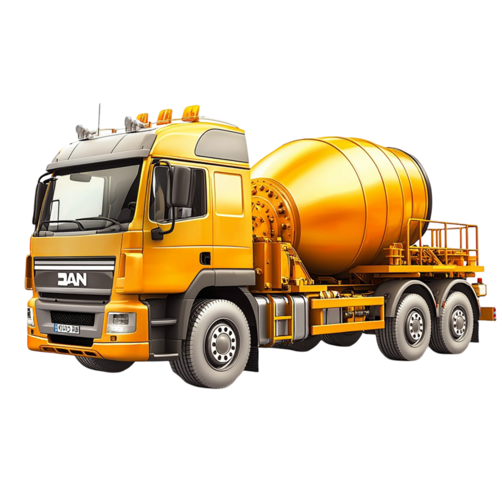 Heavy duty yellow concrete mixer truck with a large rotating drum png