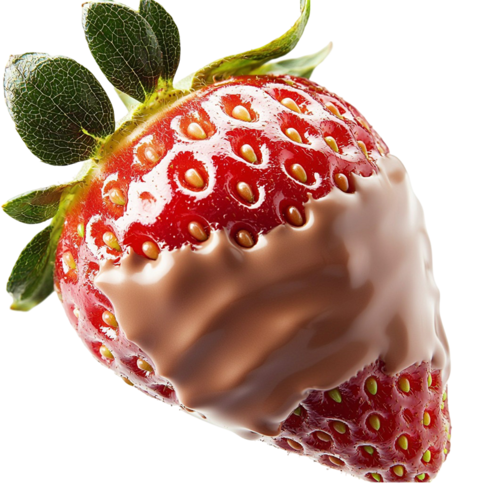 Juicy ripe strawberry dipped in melted chocolate png