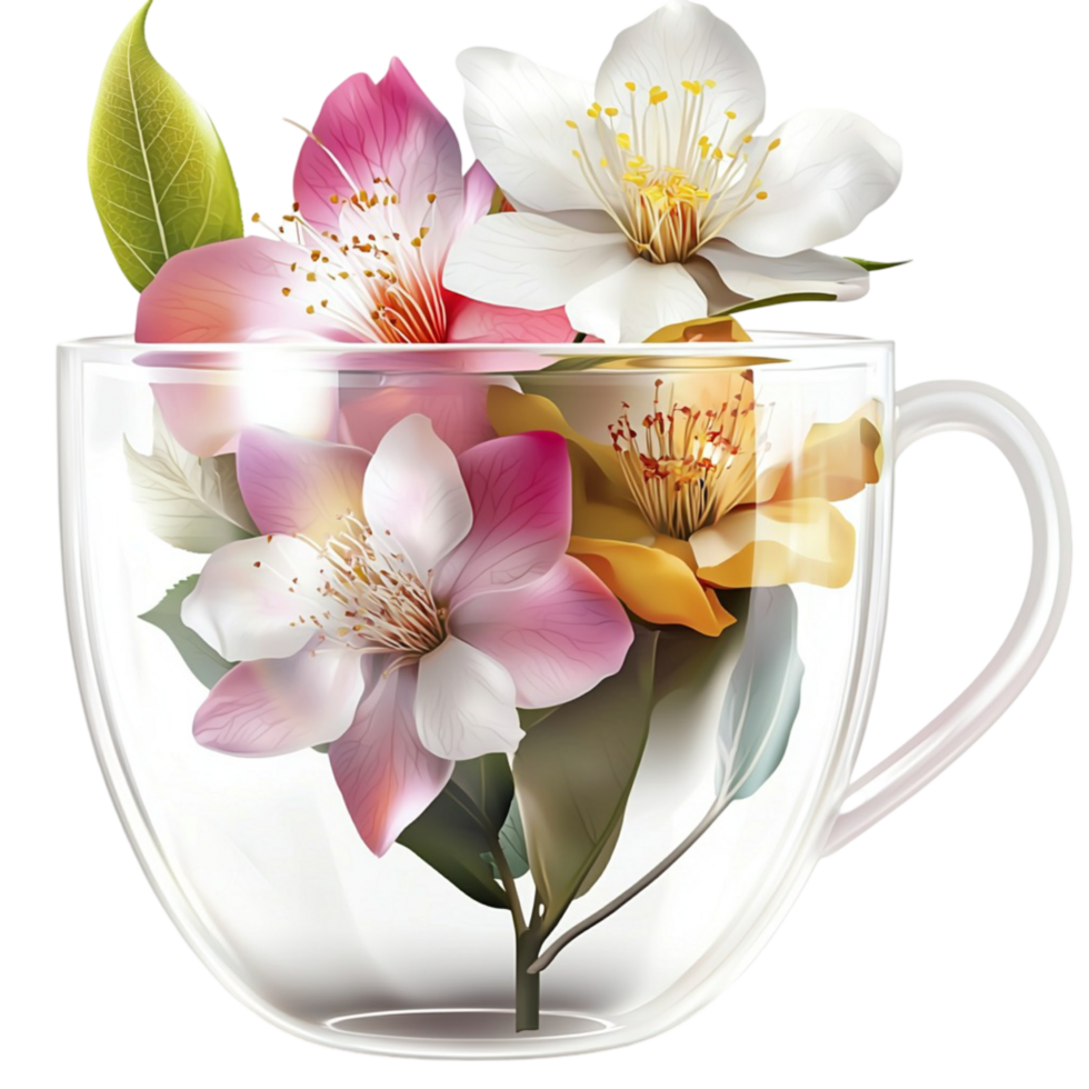 glass cup filled with aromatic floral tea and blossoms png