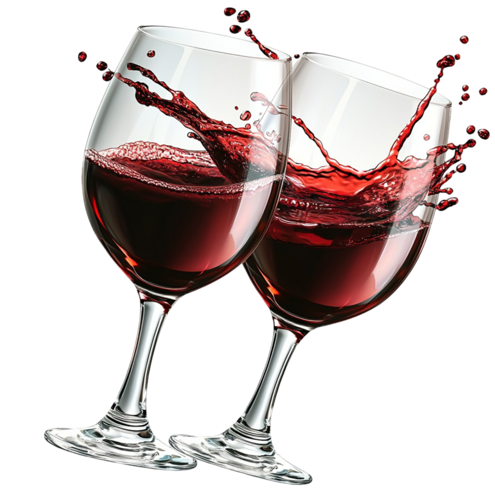 Two glasses of red wine clinking together with a splash effect png