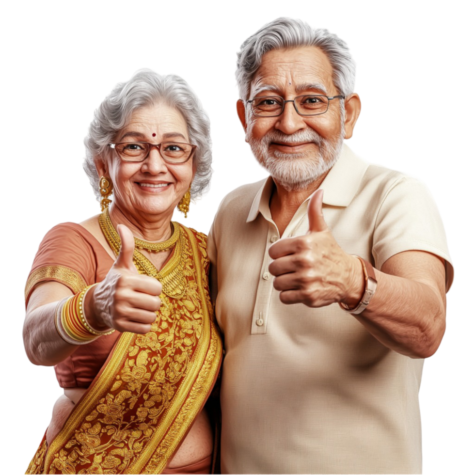 Elderly couple smiling and giving a thumbs up with happiness png