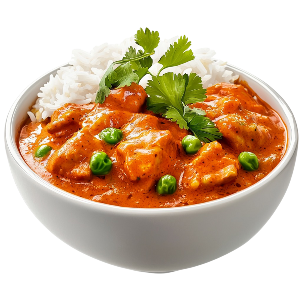 Spicy and creamy butter chicken curry served with rice and peas png