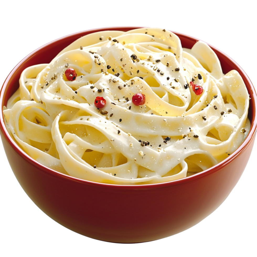bowl of creamy fettuccine pasta topped with black pepper and red peppercorns png