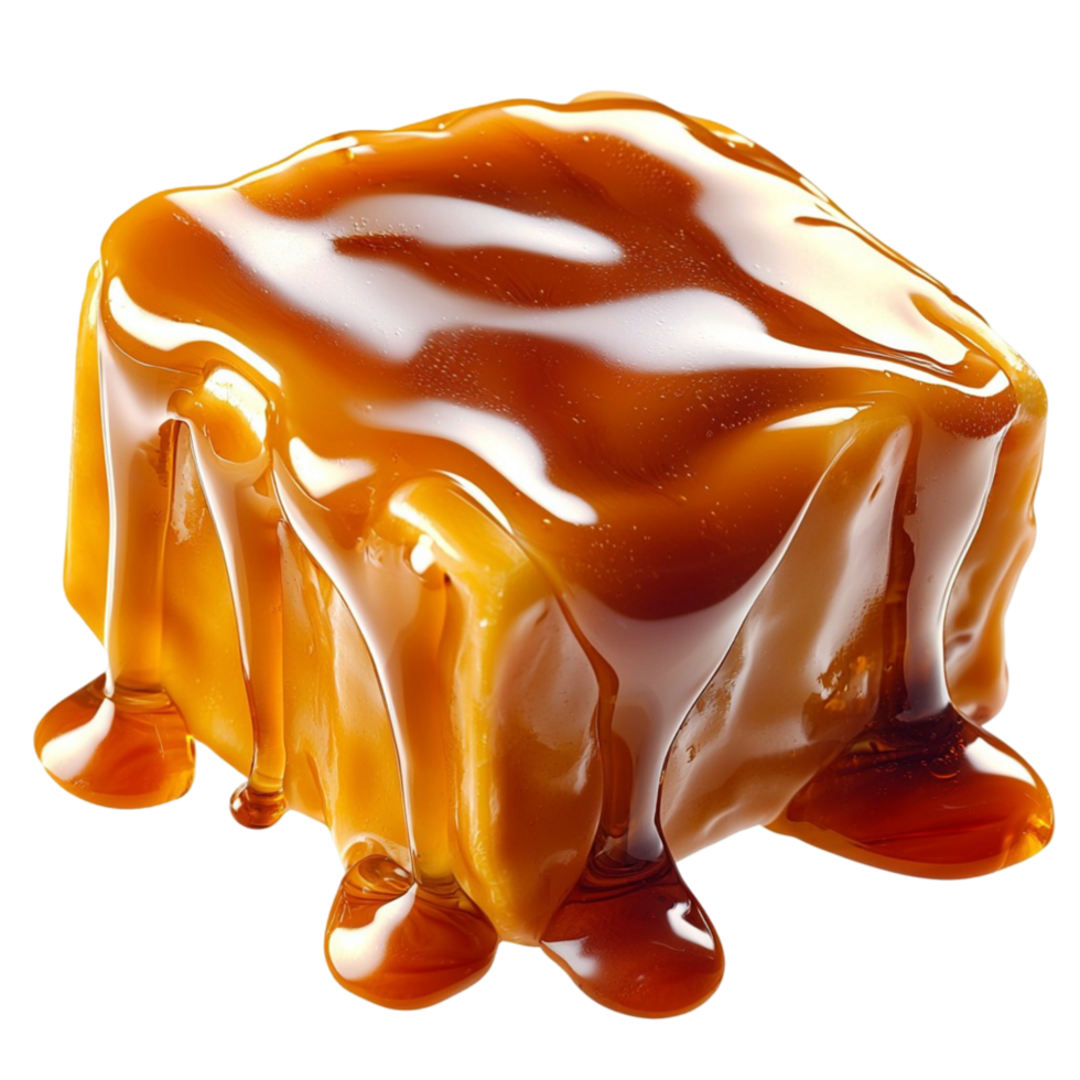 Shiny caramel cube with thick syrup dripping from its edges png