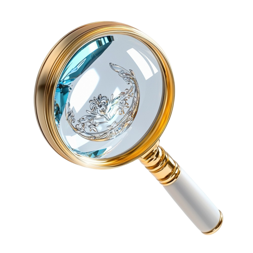 Magnifying glass with a golden frame and a clear reflection png