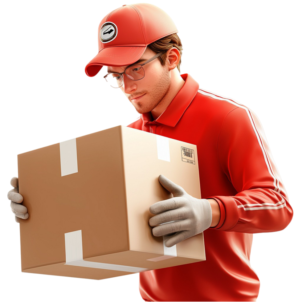 Delivery worker in a red uniform carrying a cardboard box png