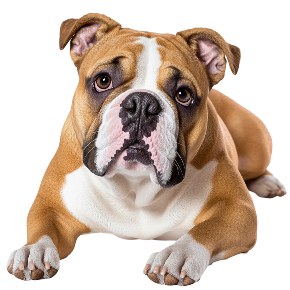 Adorable brown and white bulldog puppy with a wrinkled face and big eyes png