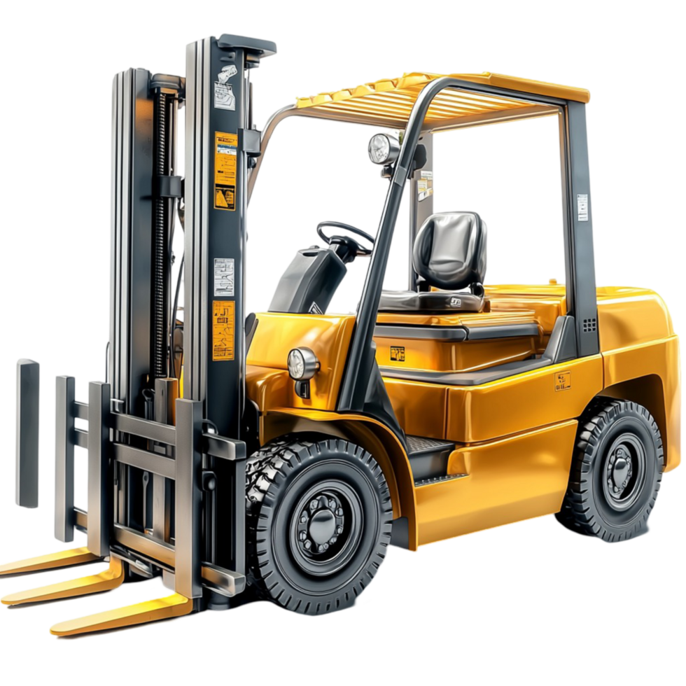 Industrial yellow forklift with black tires and a lifting mechanism png
