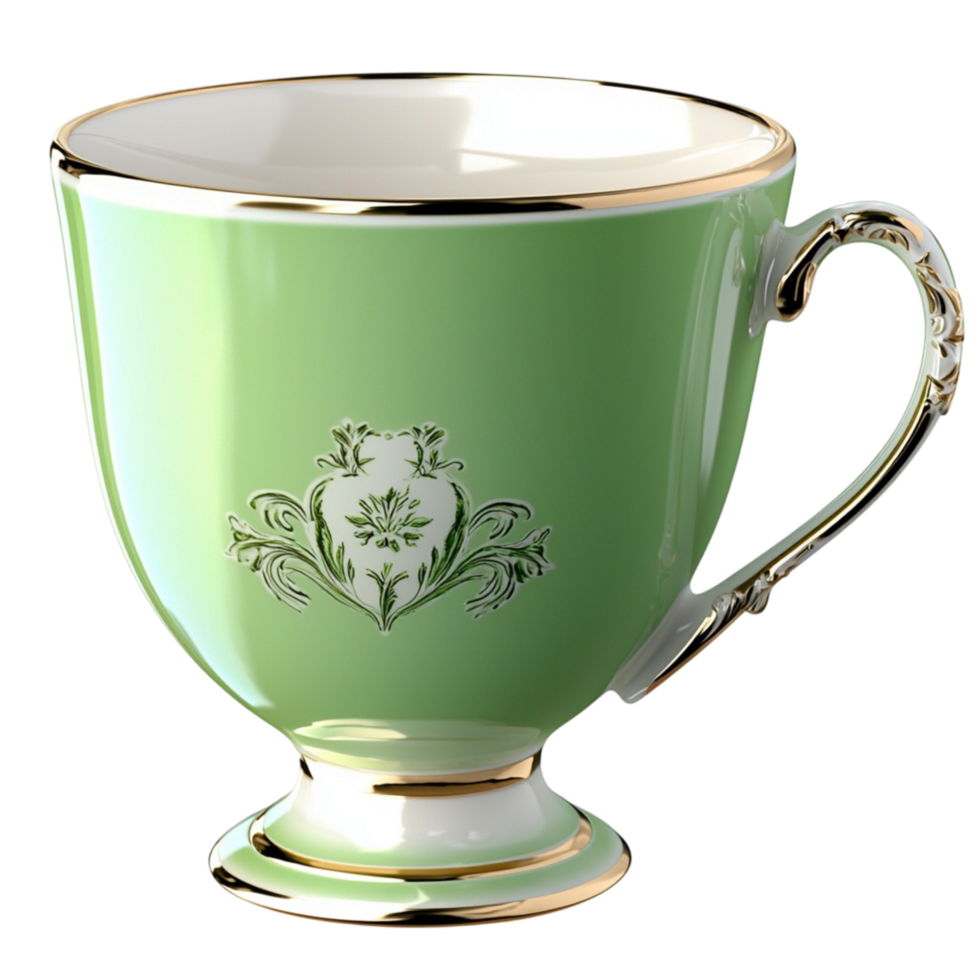green porcelain teacup with delicate floral patterns and gold trim png