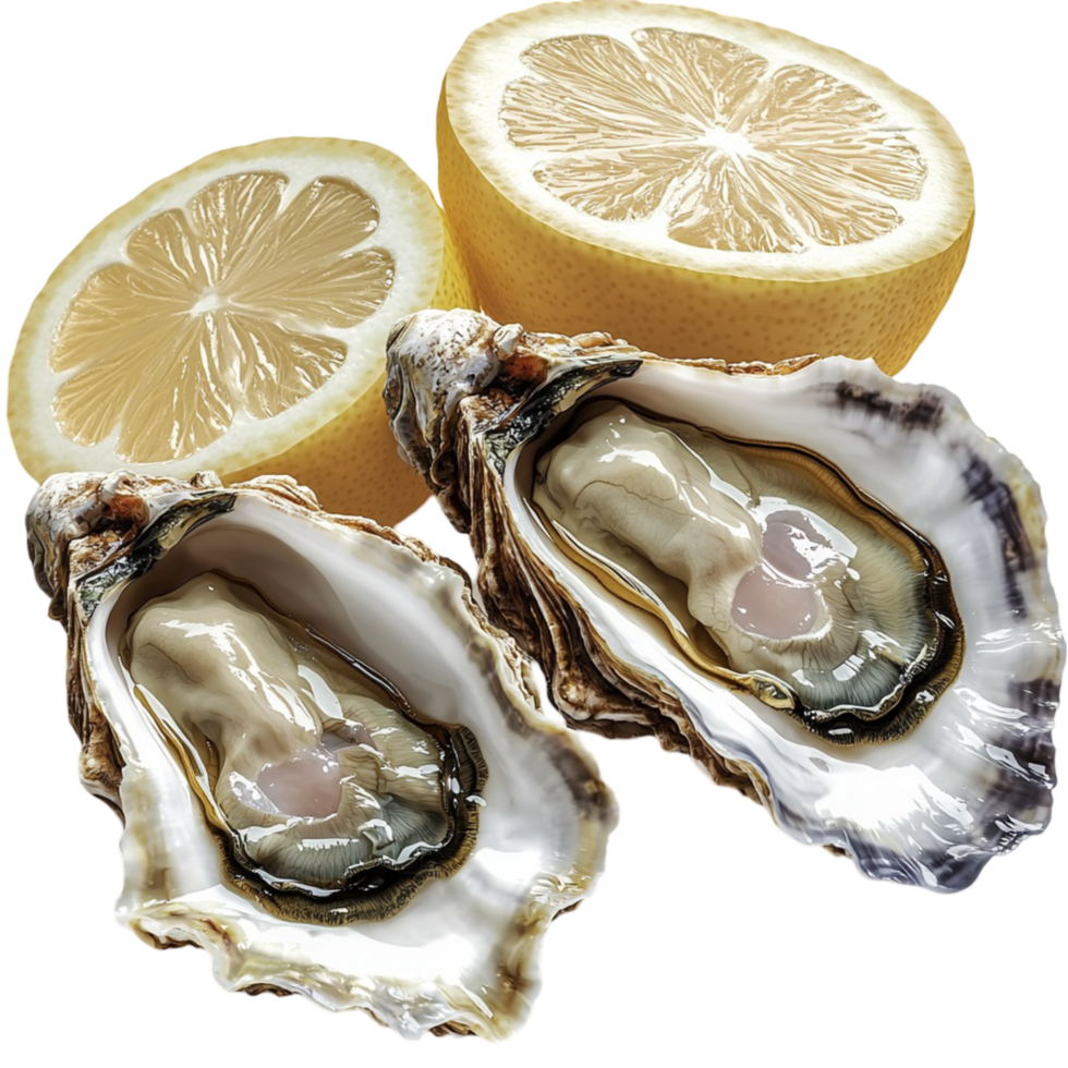 Two open oysters with glistening pearls next to sliced lemon halves png