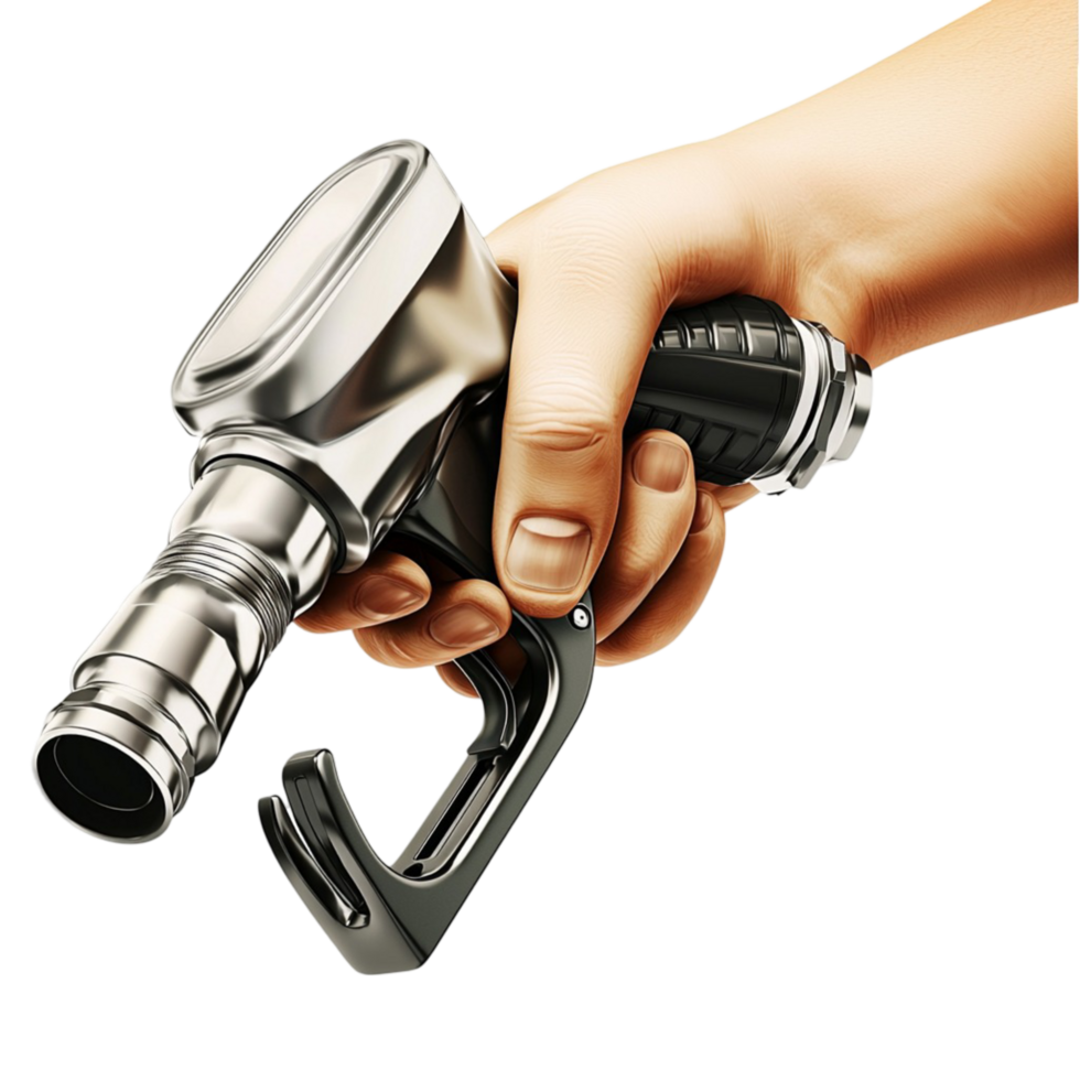 Hand gripping a fuel pump nozzle ready to refuel a vehicle png