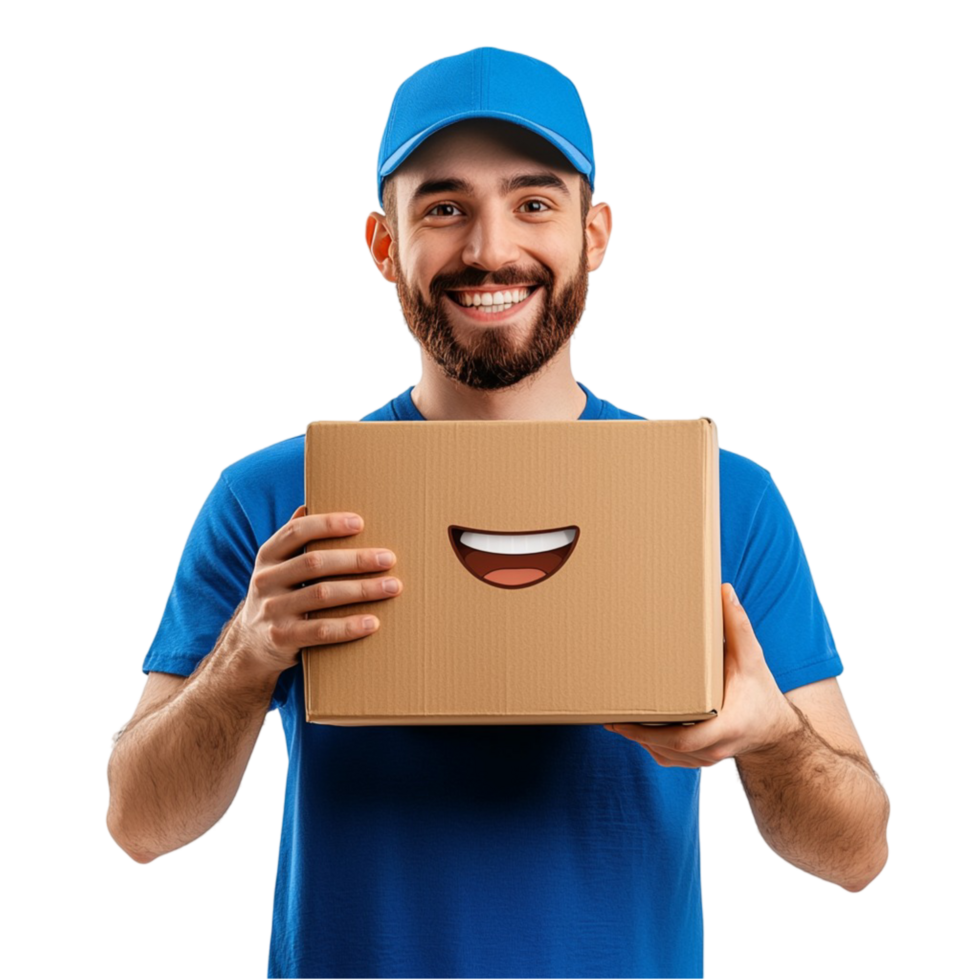 Smiling delivery man in a blue uniform holding a cardboard package png