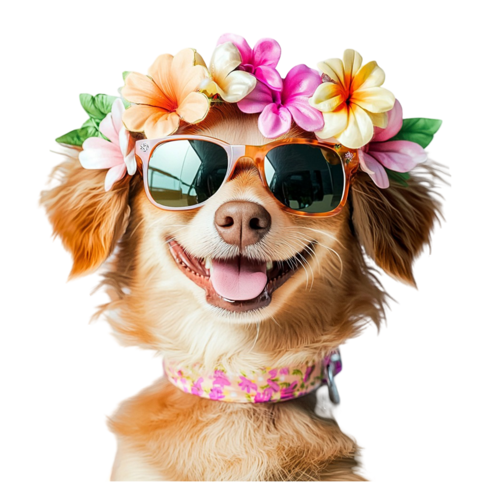 dog wearing sunglasses and a floral headband looking happy png