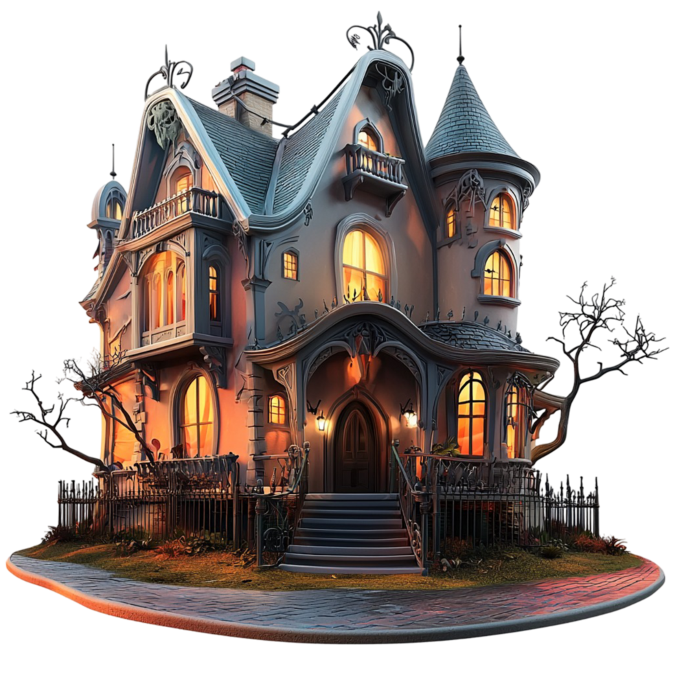 Spooky haunted house with glowing windows and a rk eerie atmosphere png