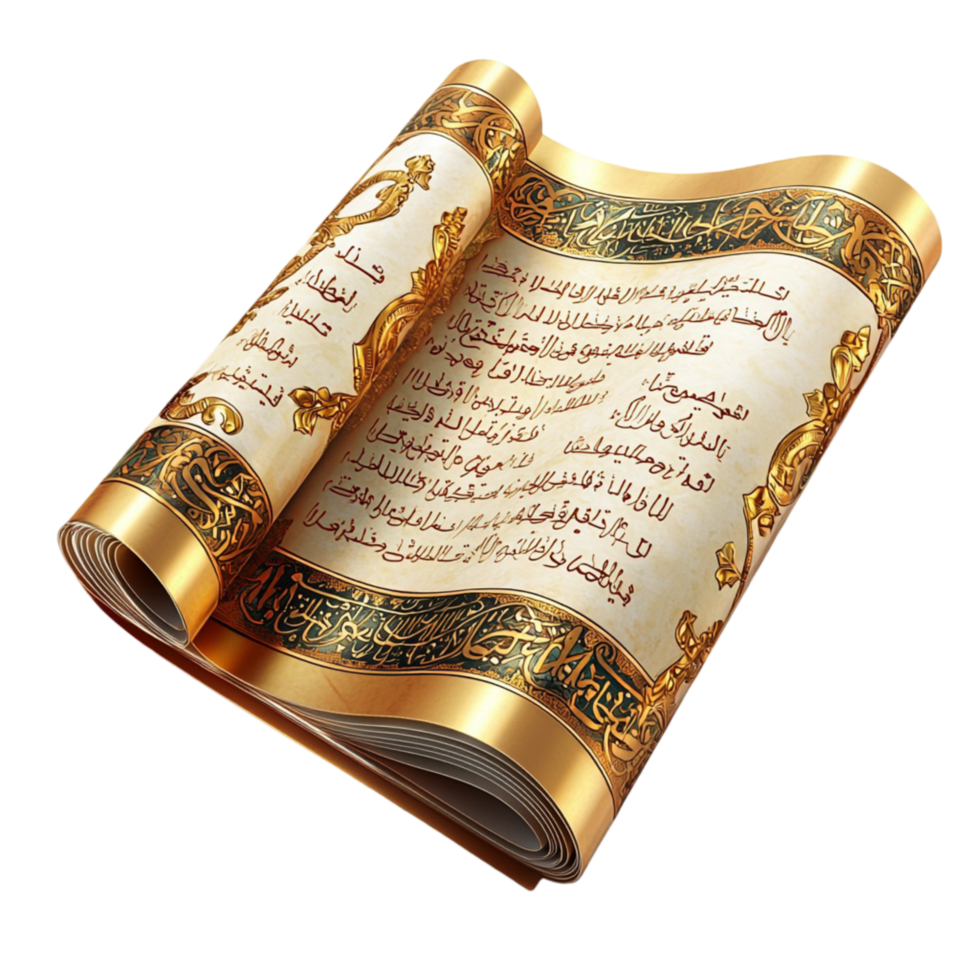 Luxurious open scroll with delicate golden calligraphy and borders png