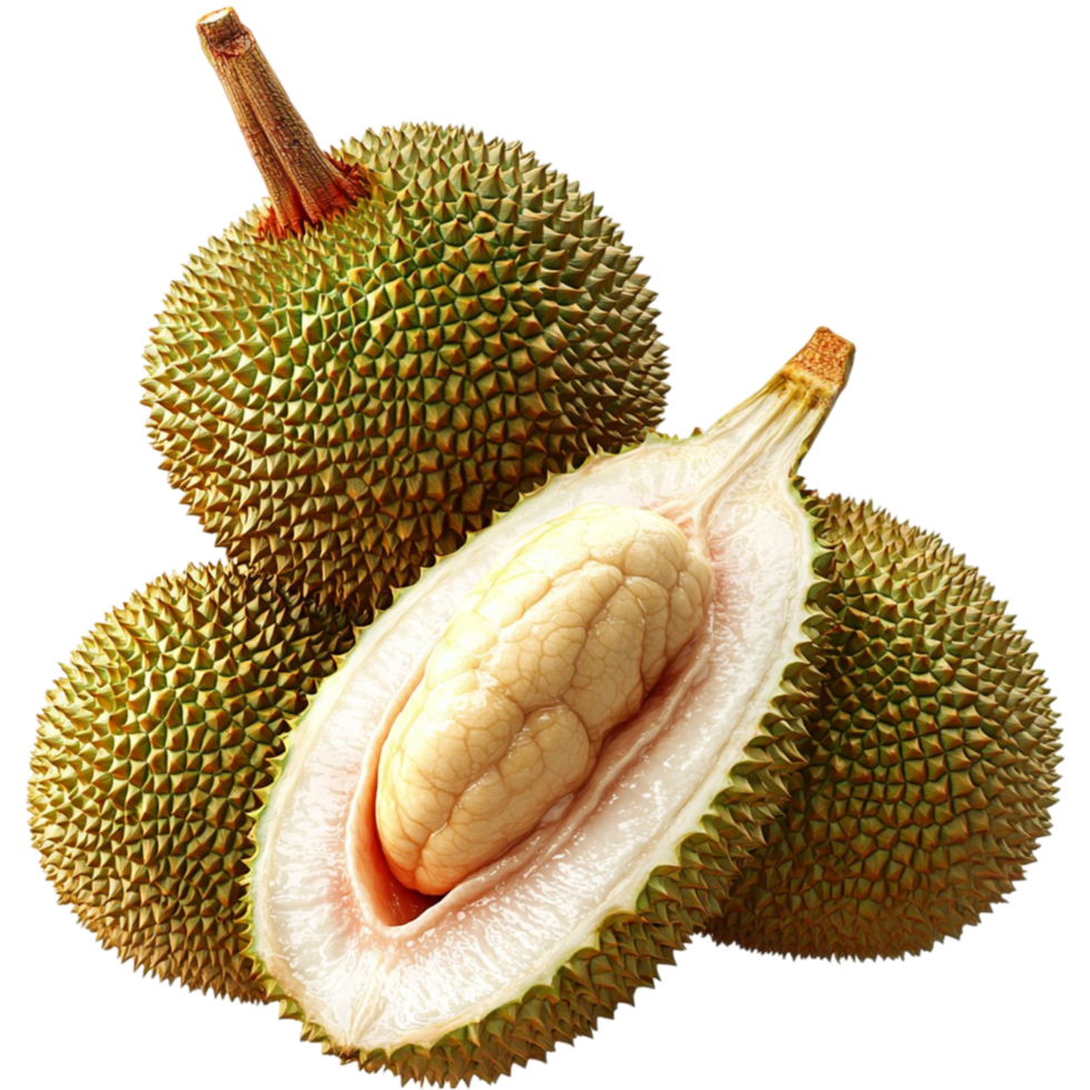 Exotic durian fruit with a spiky shell and creamy yellow flesh png
