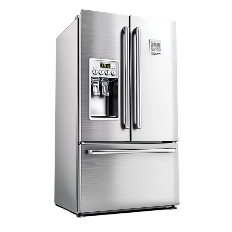 Shiny silver refrigerator with a built in water and ice dispenser png