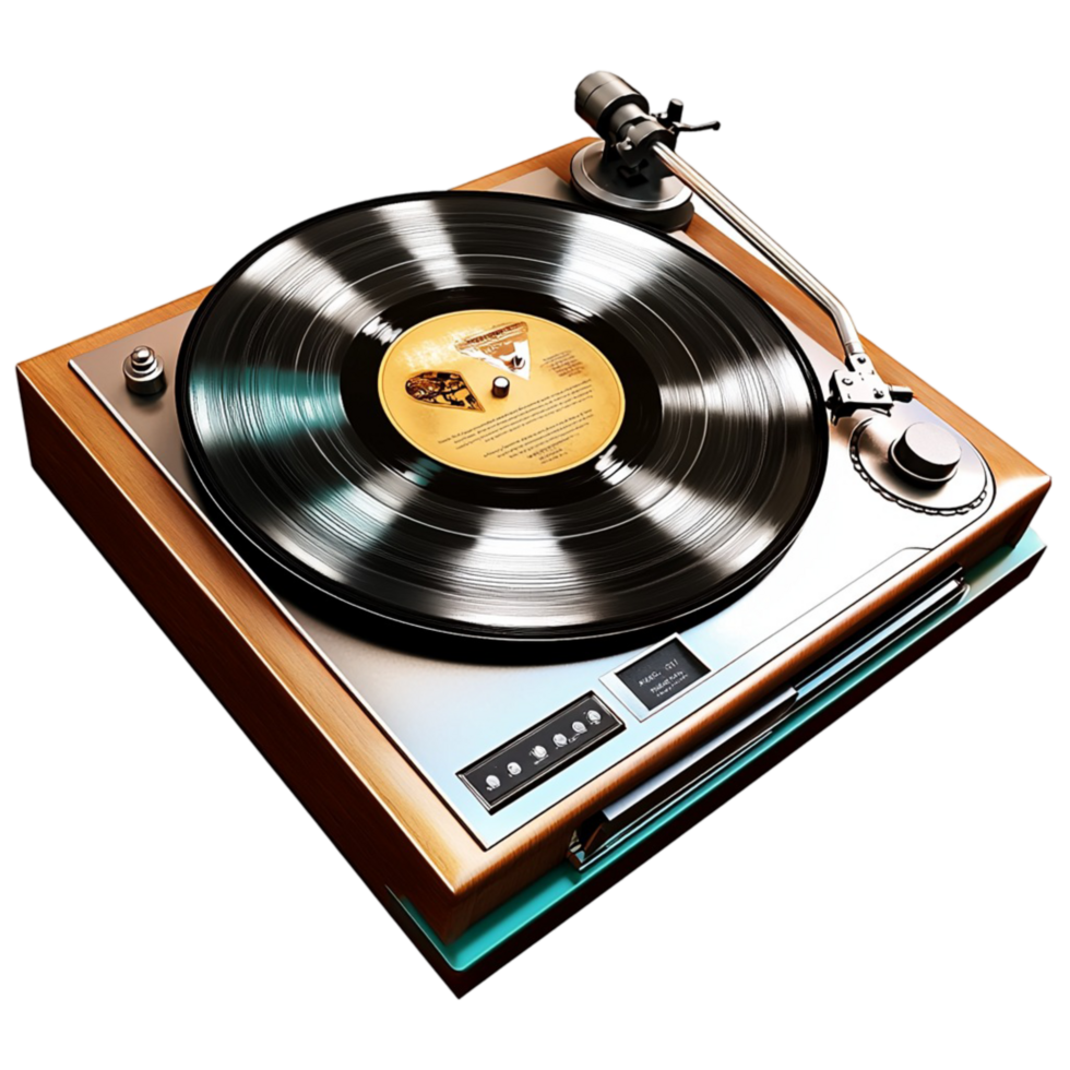 Vintage record player with a spinning black vinyl disc png