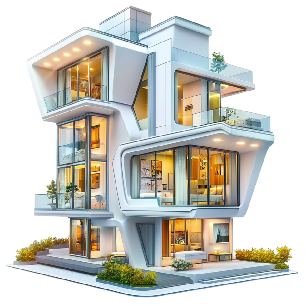 Futuristic multi level house with glass windows and a design png
