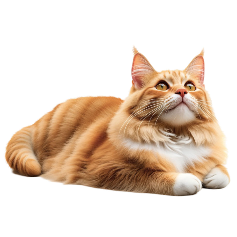 Fluffy orange tabby cat gazing upward with fur and eyes png