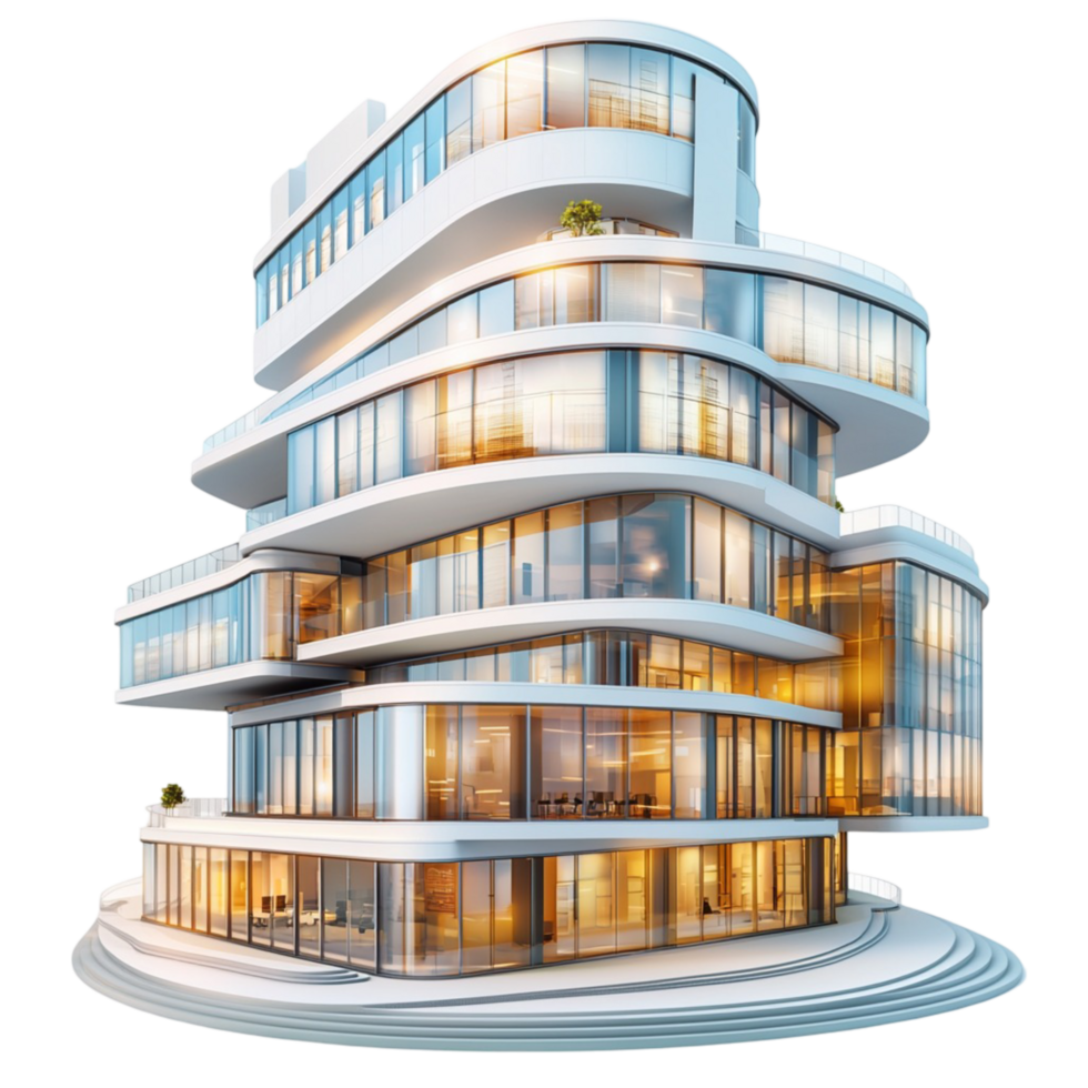 glass building with curved balconies and lights png