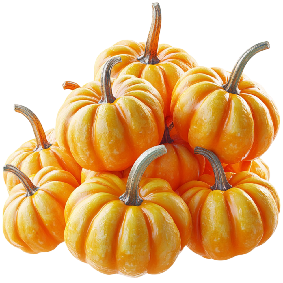 Pile of orange pumpkins with curved stems png