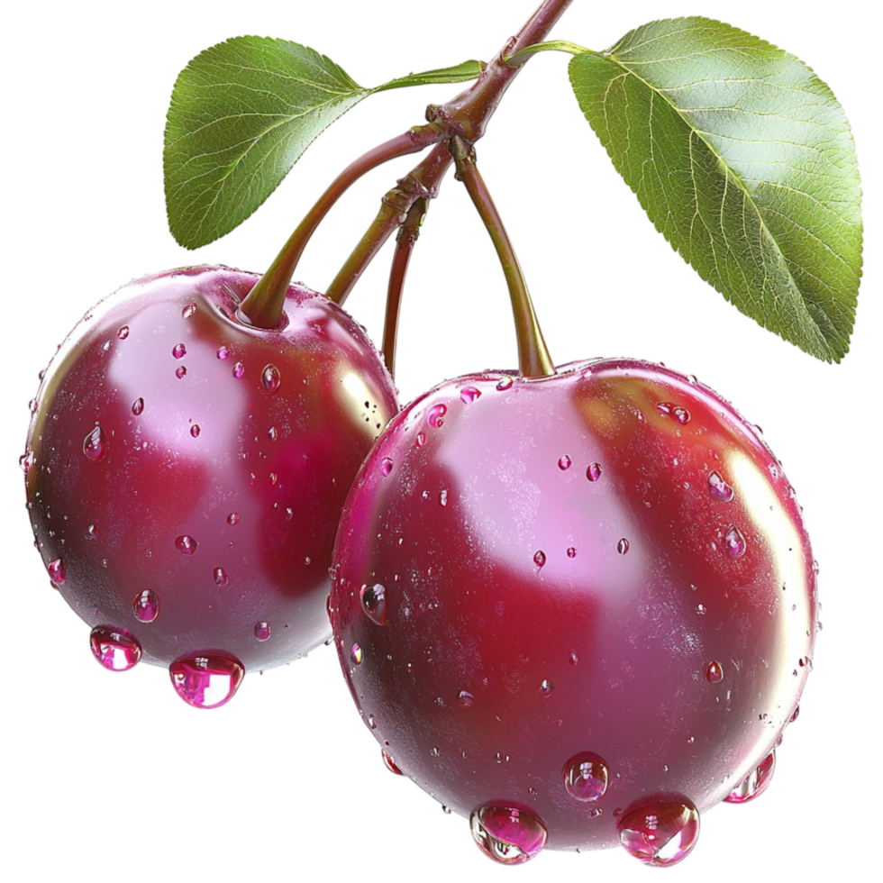 Two red cherries covered in tiny water droplets png