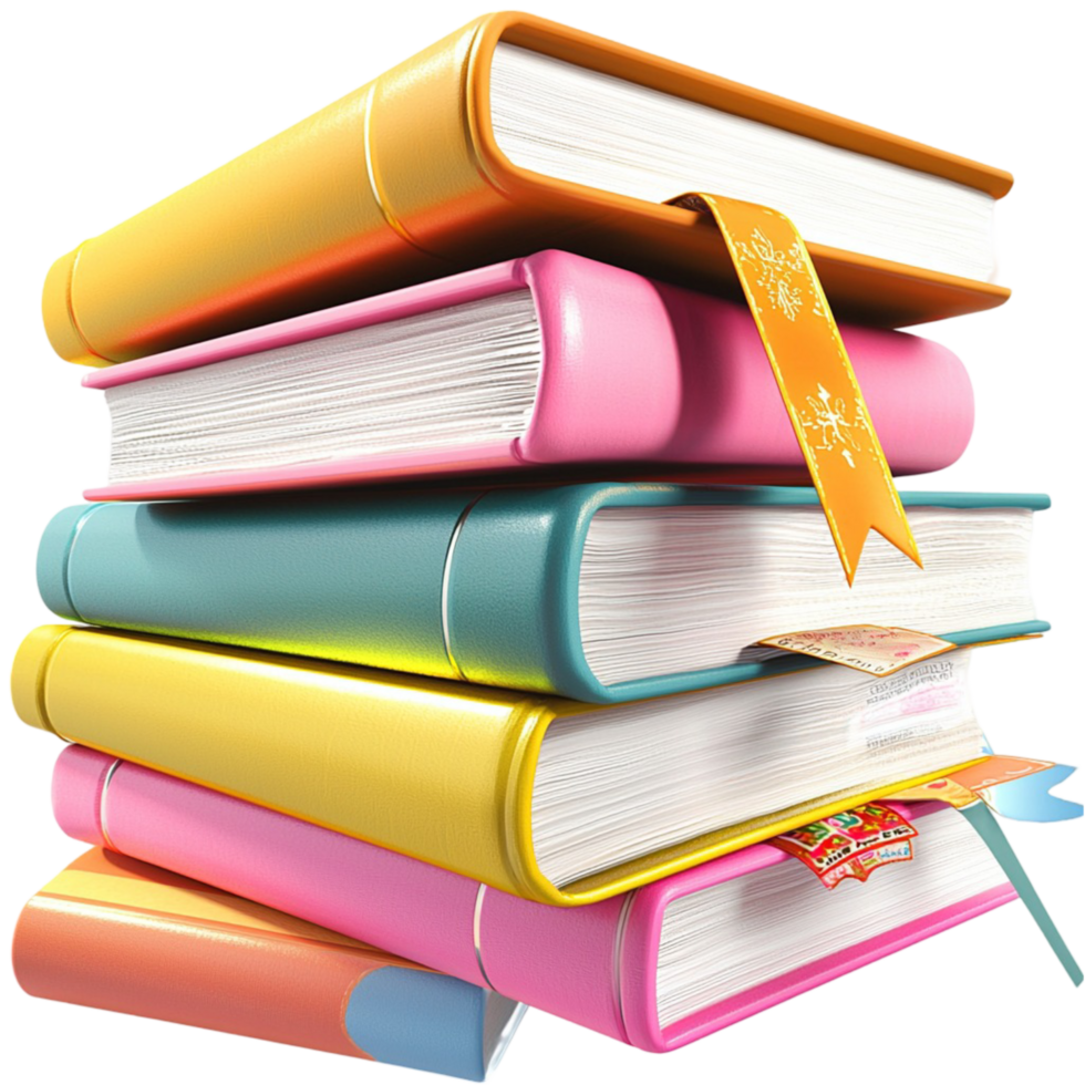 Colorful stack of books with bookmarks and an academic feel png