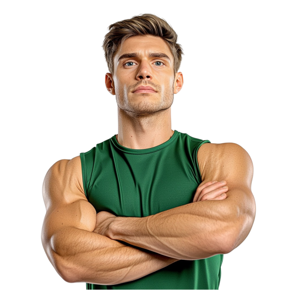 Muscular man in a green tank top with crossed arms and a determined expression png