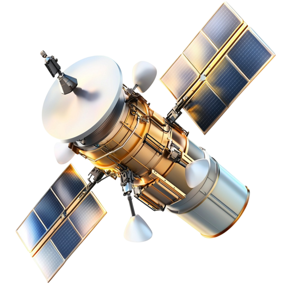 High tech space satellite with large blue and gold panels png