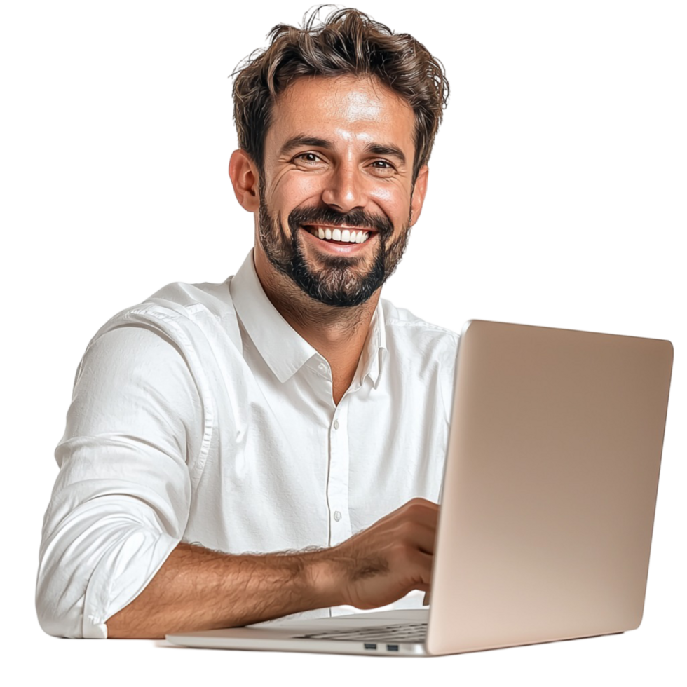 Handsome bearded man working on a laptop with a joyful smile png