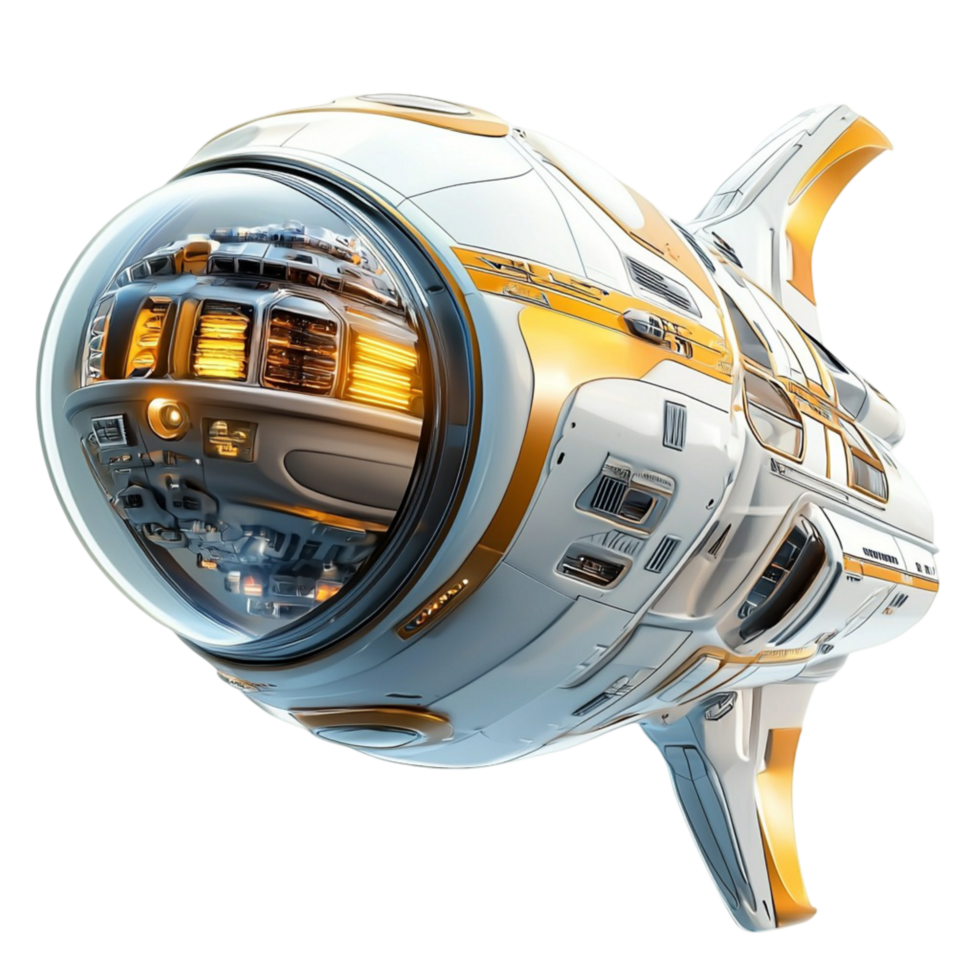Futuristic space capsule with a metallic blue and gold design png
